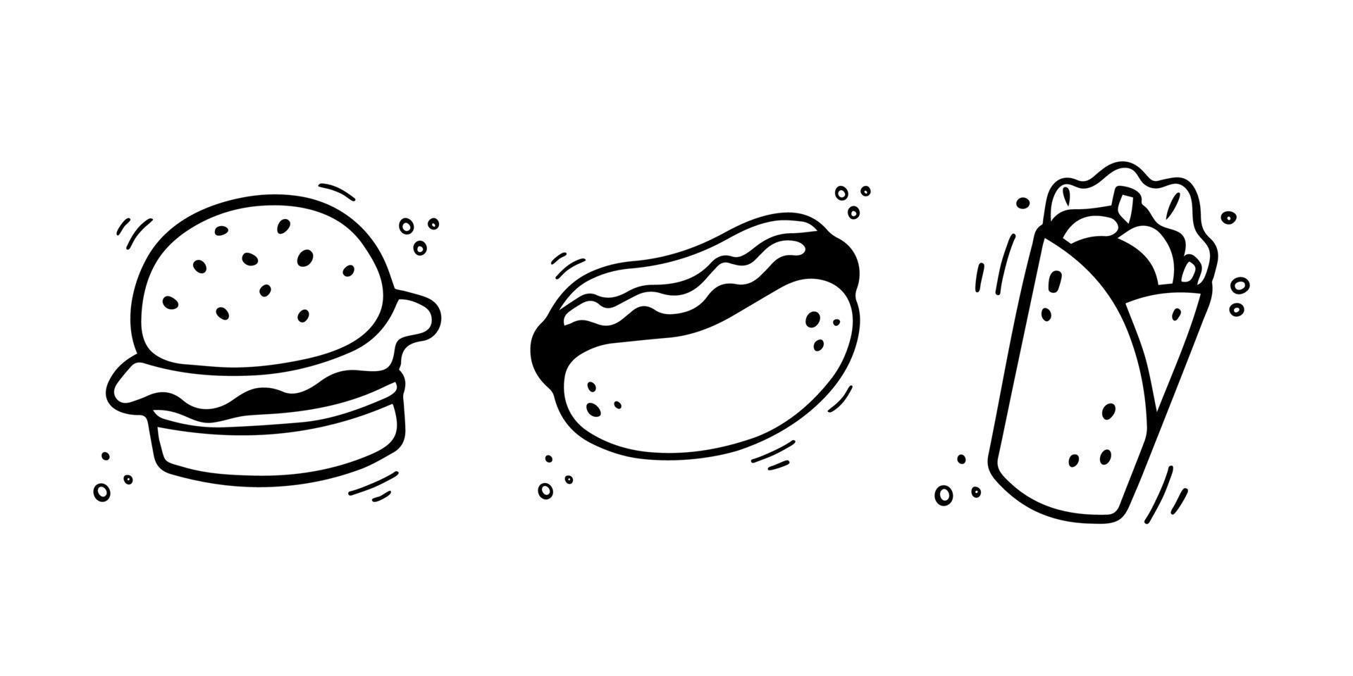 hand dragen snabb mat ikoner. skiss av mellanmål element. snabb mat illustration i klotter stil. snabb mat samling. vektor