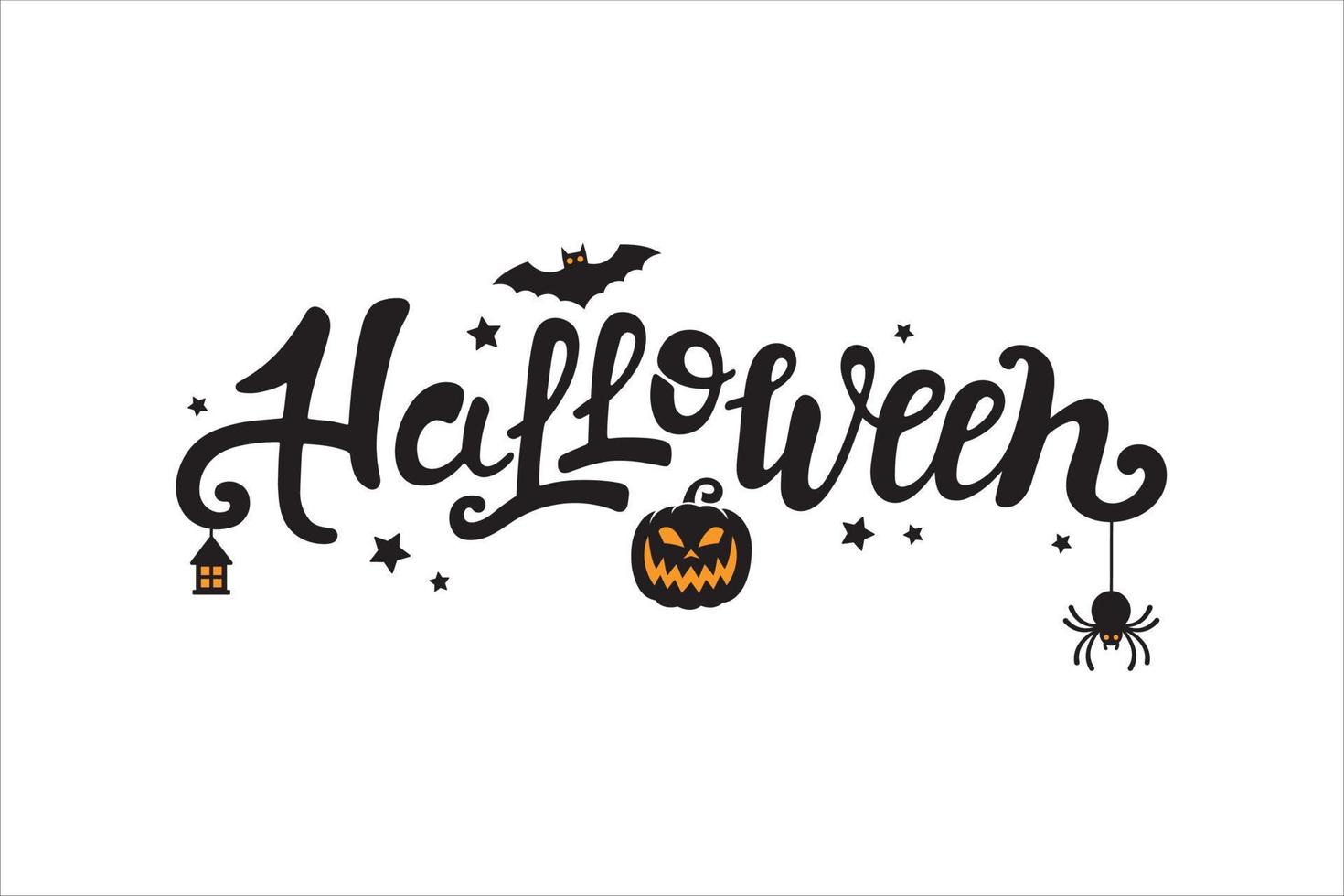 halloween vektor handskriven text design. festlig kalligrafi med Spindel, fladdermus, pumpa, stjärnor, lykta för baner, affisch, hälsning kort, fest inbjudan. isolerat illustration.