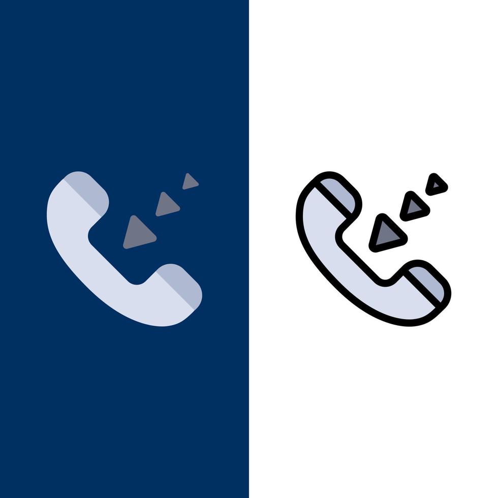 ring upp kommunikation inkommande telefon ikoner platt och linje fylld ikon uppsättning vektor blå bakgrund