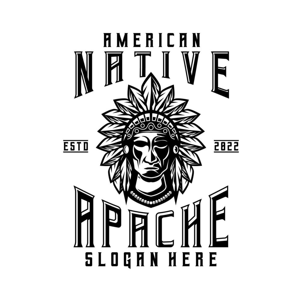 indisk logotyp chef apache årgång stil maskot design karaktär svart och vänta silhuett vektor illustration
