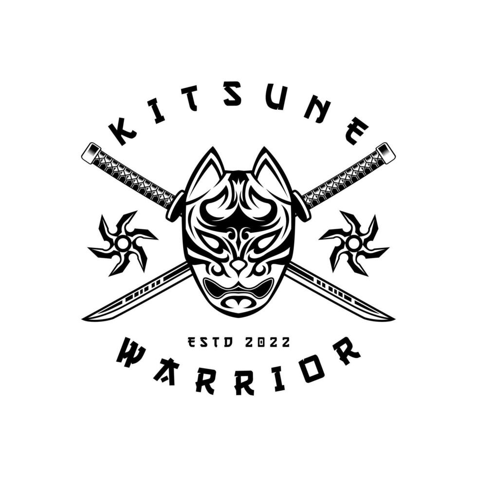 kitsune med korsa katana japanska Varg logotyp i årgång stil svart och vit vektor illustration