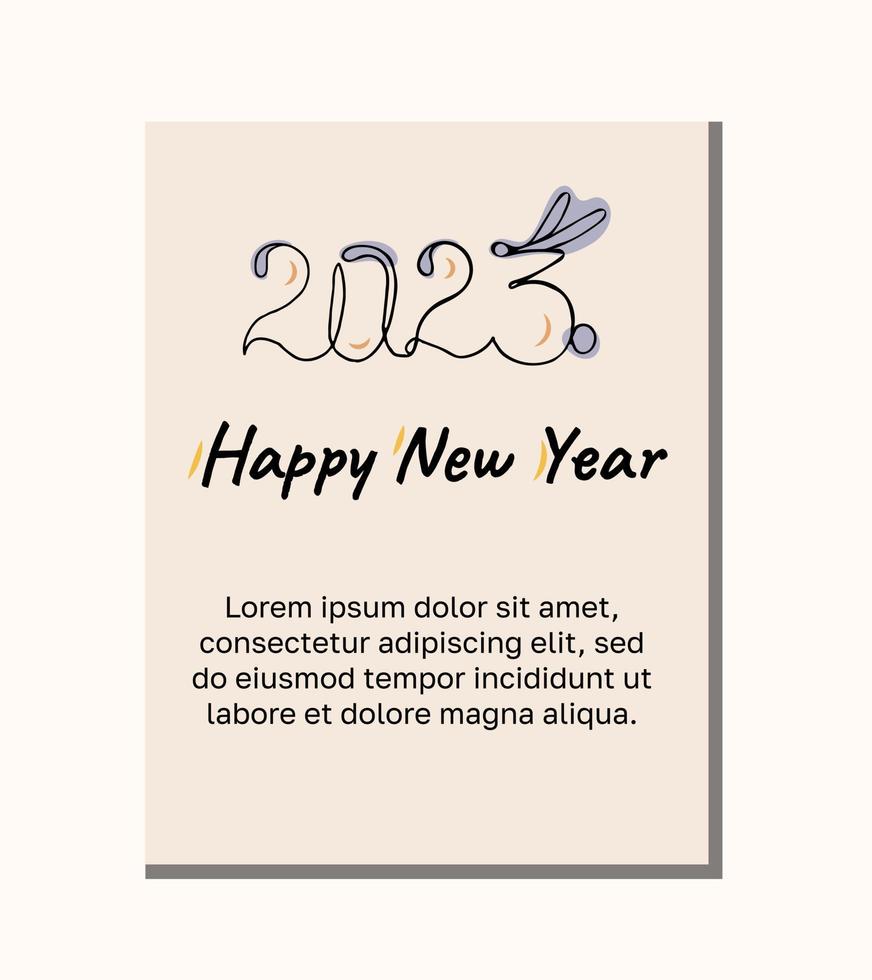 ny år kort med hare öron och text 2023. linjekonst vektor illustration.