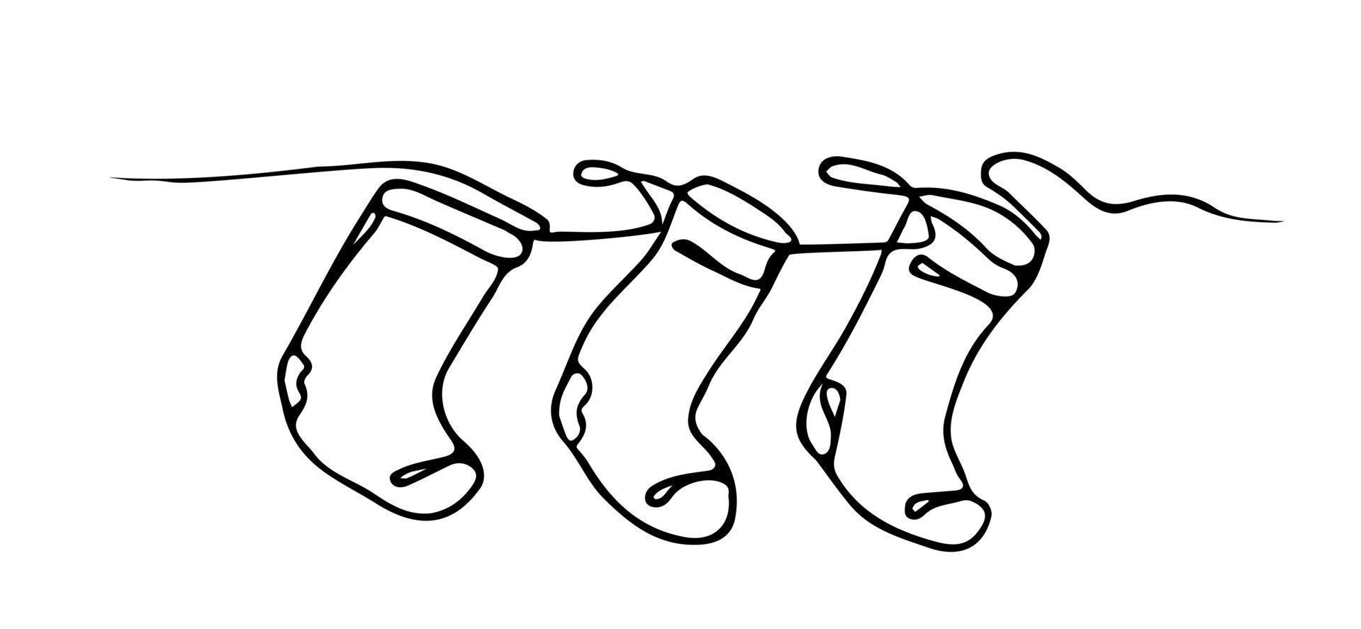 linje konst jul strumpor på de vit bakgrund. färg sida vektor illustration.