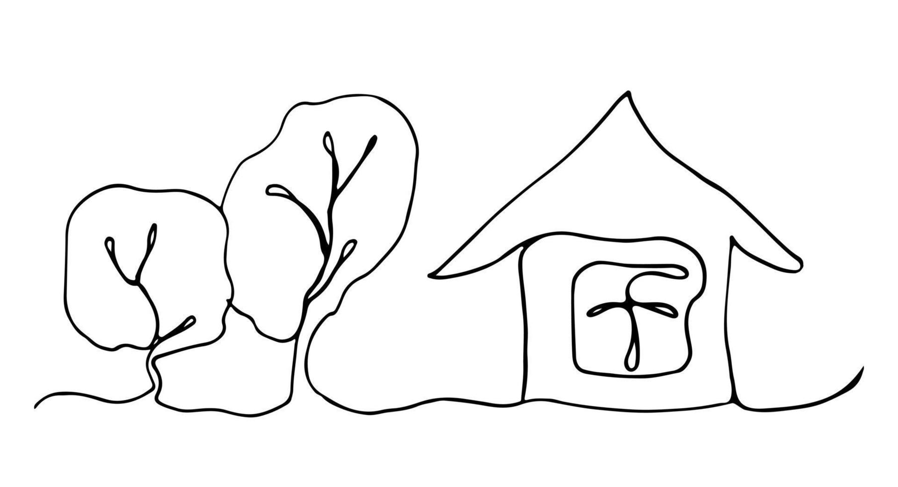 Linie Kunsthaus und Bäume Winter auf dem weißen Hintergrund. Malvorlagen-Vektor-Illustration. vektor