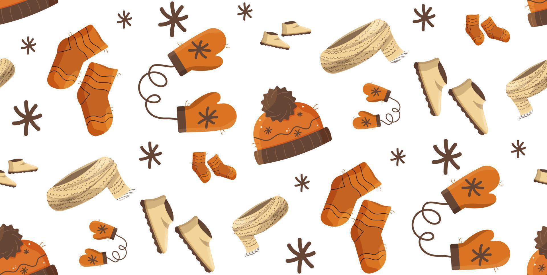 sömlös mönster med vinter- kläder strumpor, hatt, stövlar, vantar. orange, beige. vektor illustration