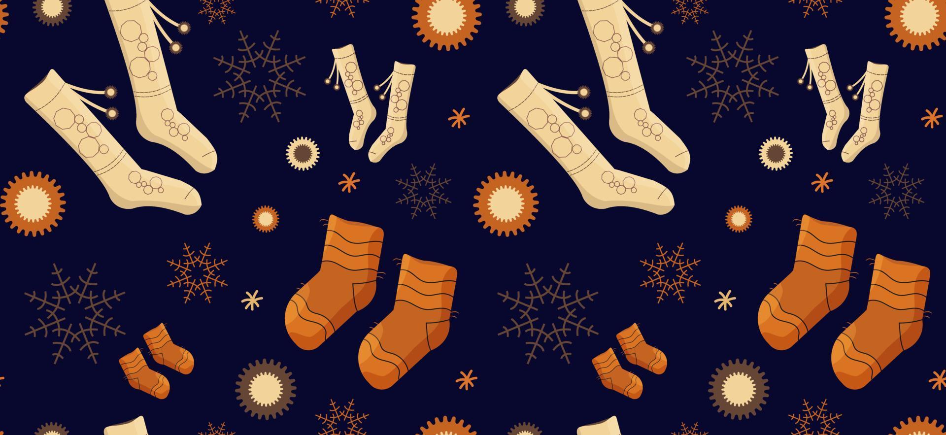 nahtloses muster mit wintersockengolf und schneeflocken. orange Farbe. weihnachtsvektorillustration vektor