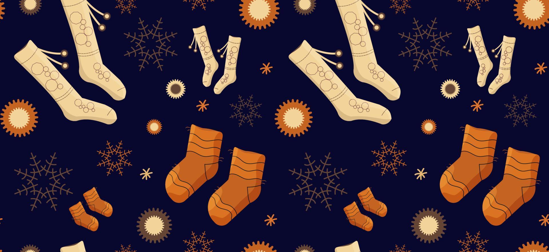 sömlös mönster med vinter- strumpor golfar och snöflingor. orange Färg. jul vektor illustration