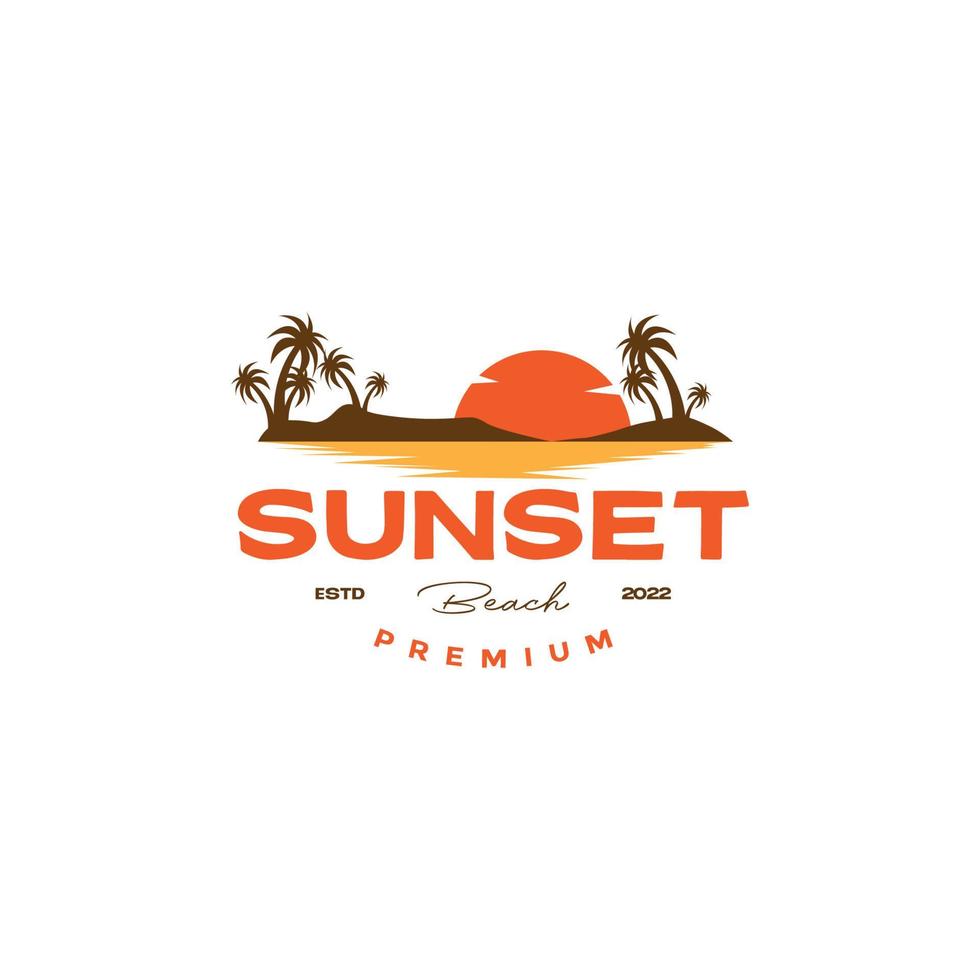 solnedgång strand med kokos träd årgång logotyp design vektor
