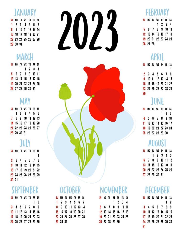 kalender för 2023 med skön röd vallmo blomma. vektor illustration. vertikal kalender mall för 12 månader i engelsk. vecka börjar på söndag. brevpapper, utskrift, arrangör, dekor.