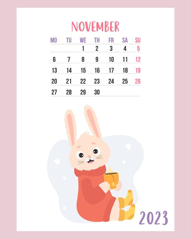 Kalender November 2023. süßes gemütliches kaninchen in pullover und gestrickten socken mit tasse heißem tee. Vektor-Illustration. vertikale Vorlage. Woche ab Montag auf Englisch. 2023 Jahre Hase. vektor