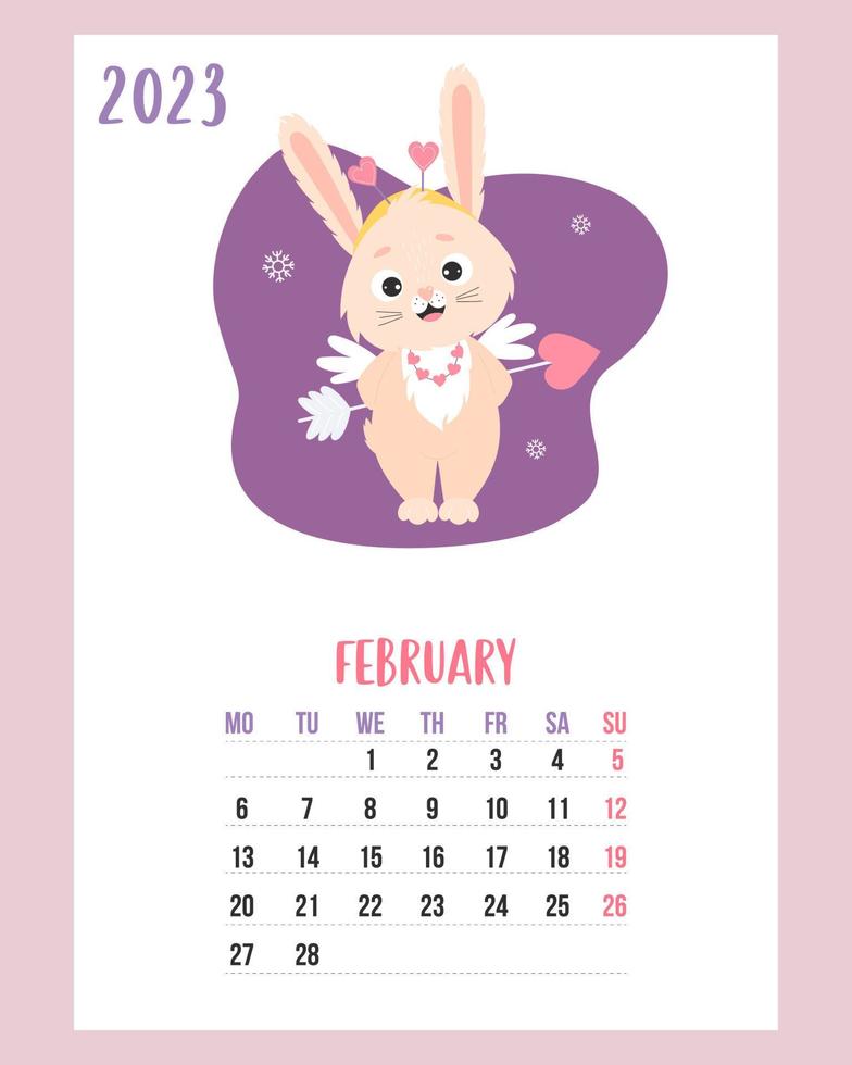 Kalender Februar 2023. süßer Hasenamor mit einem Pfeilherz und Schneeflocken. Kaninchen ist Symbol 2023 Jahr zum chinesischen Tierkreis. Vektor-Illustration. vertikale Vorlage. Woche ab Montag auf Englisch. vektor