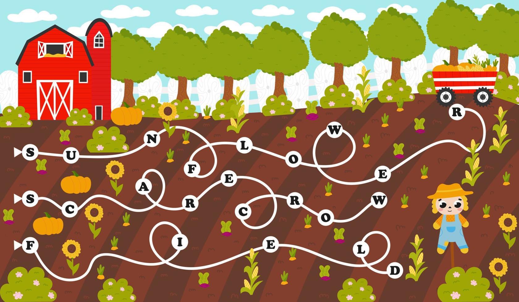 färgrik ord labyrint för barn med engelsk jordbruk tema ord i tecknad serie stil med skörd, jordbruk, scarecrow vektor
