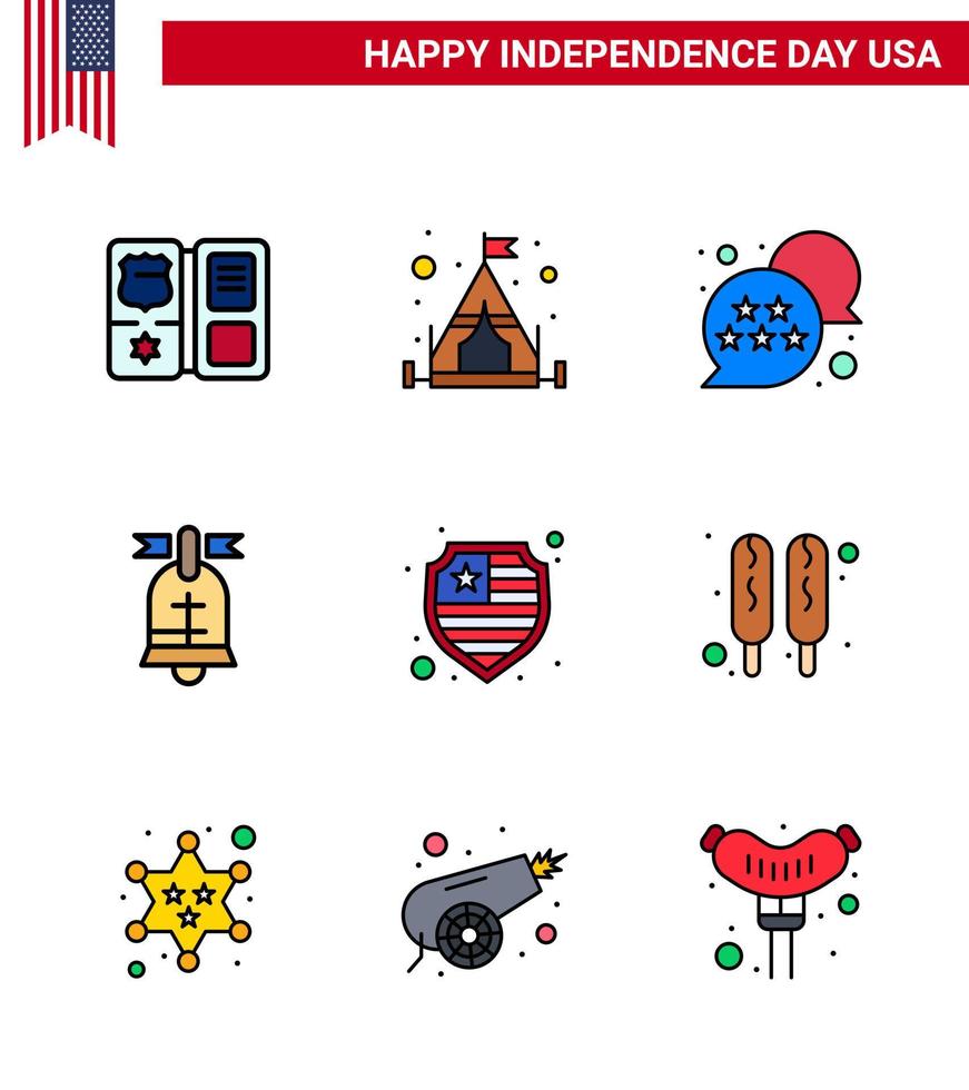 Lycklig oberoende dag 4:e juli uppsättning av 9 platt fylld rader amerikan pictograph av skydda amerikan USA USA ringa redigerbar USA dag vektor design element