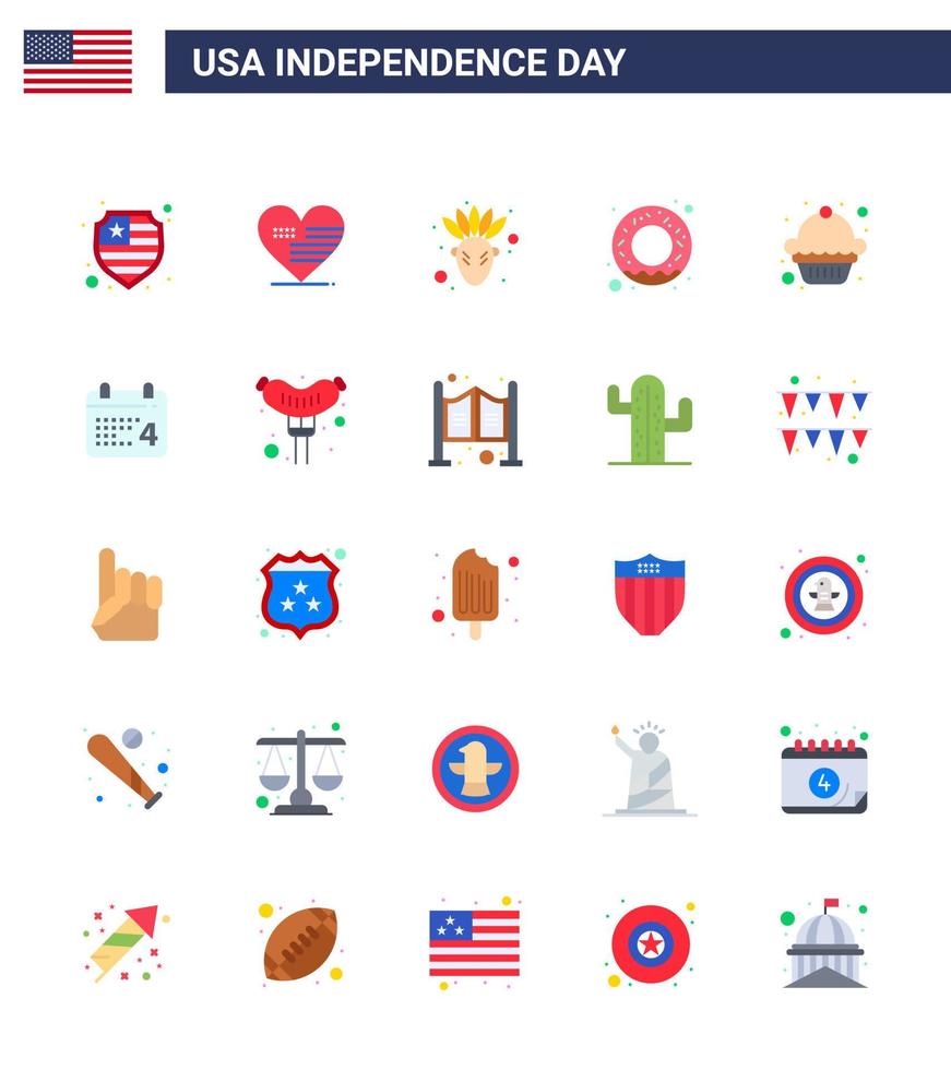 25 flache Schilder für Usa-Unabhängigkeitstag-Tag-Muffin-Indianer-Dessert-Ernährung editierbare Usa-Tag-Vektordesign-Elemente vektor
