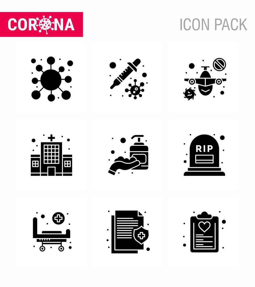 9 Solid Glyph Black Coronavirus Epidemic Icon Pack saugt als Corona-Klinik-Virus-Gebäude, das virale Coronavirus 2019nov-Krankheitsvektor-Designelemente warnt vektor