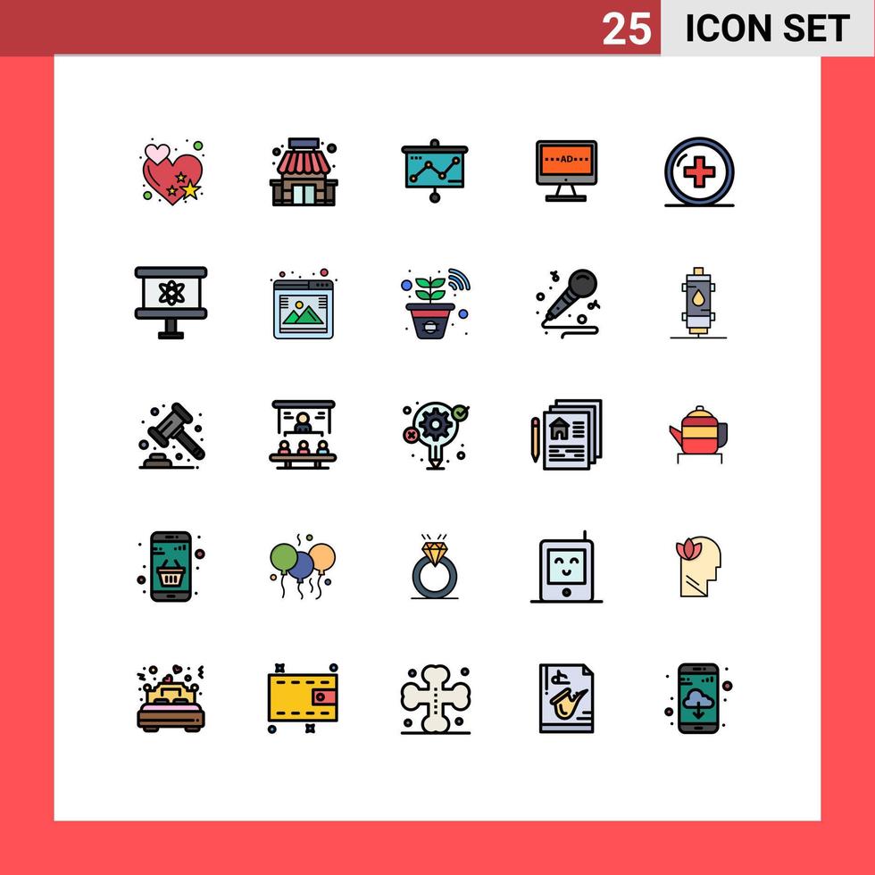 25 universell fylld linje platt färger uppsättning för webb och mobil tillämpningar sjukhus lcd presentation skärm ad redigerbar vektor design element