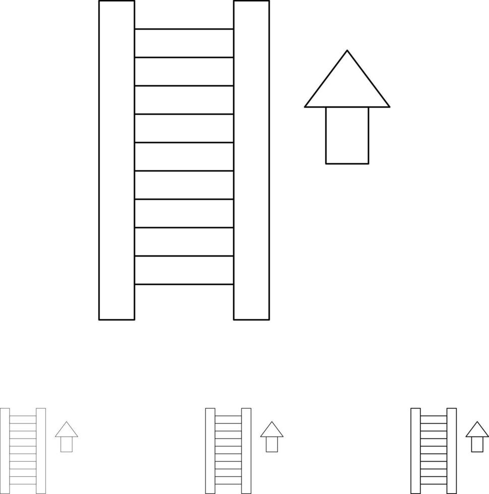 stege trappsteg trappa pil djärv och tunn svart linje ikon uppsättning vektor