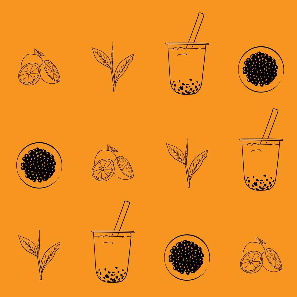 orangefarbener bubble tea-druckhintergrund mit linienkunstdesign für getränke- oder getränkewerbevorlage vektor