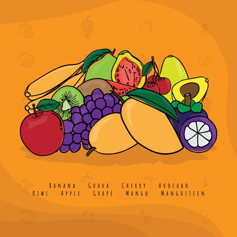 Gekritzel von Früchten in buntem Cartoon-Design für Design von Obstwerbungsvorlagen vektor