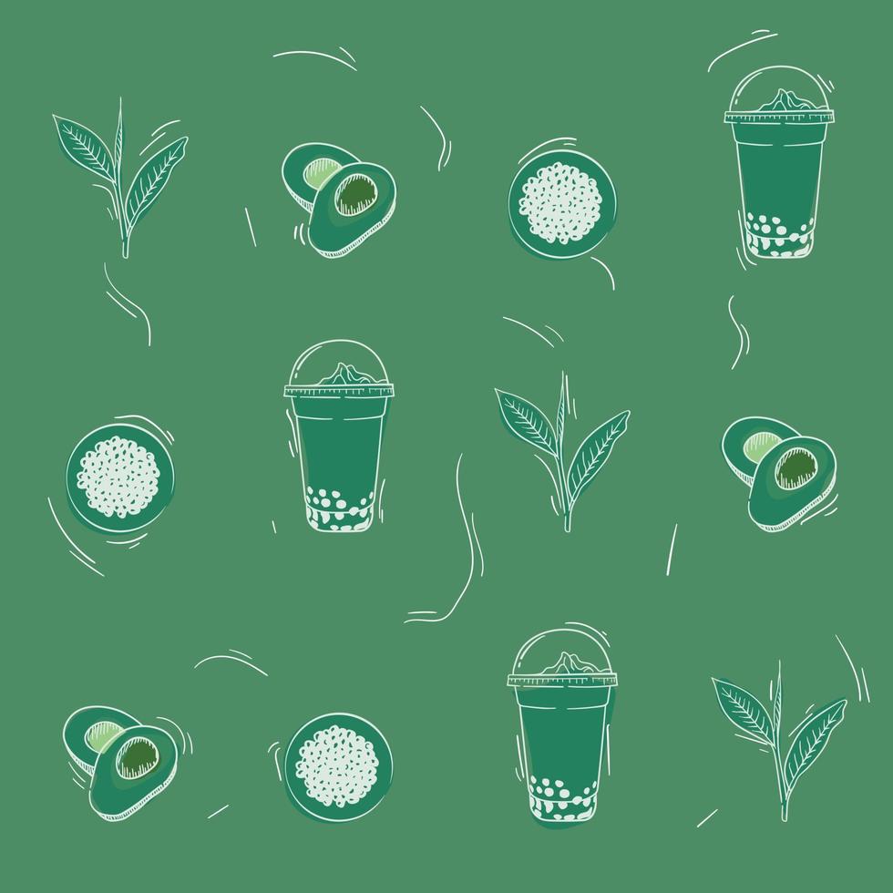 grüner Druckmusterhintergrund mit Avocado-Strichzeichnungen und Bubble Tea-Design für Getränkewerbung vektor