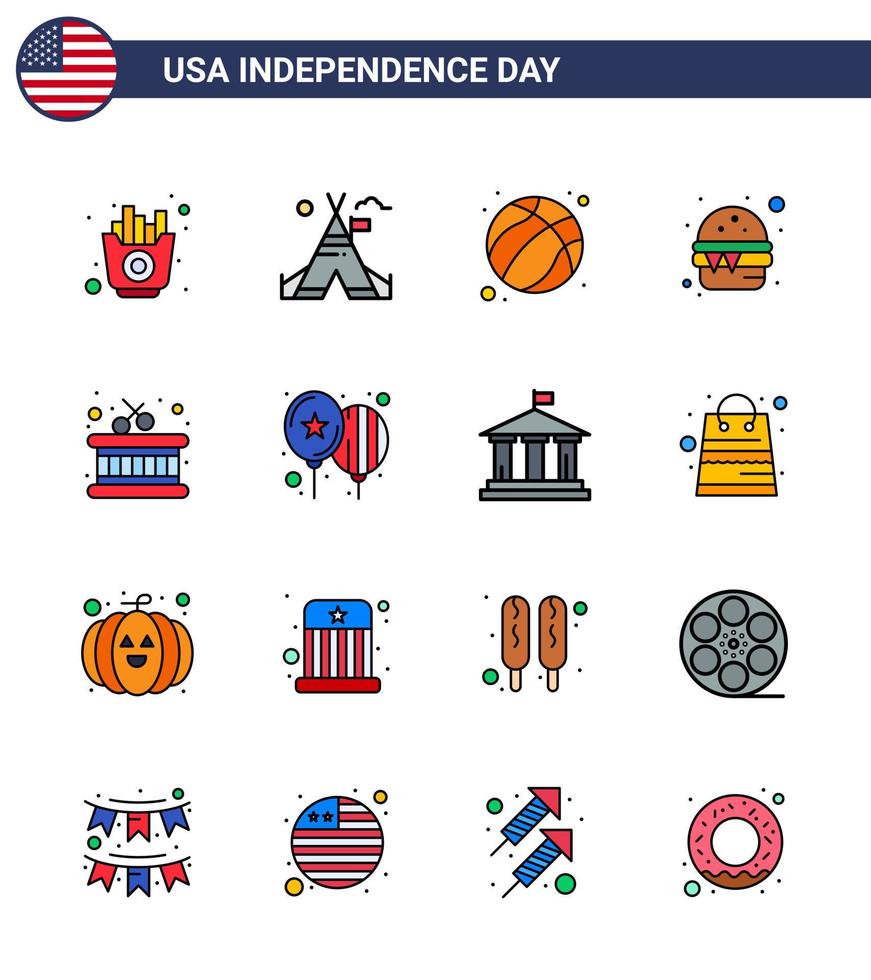 16 usa flache gefüllte linie zeichen unabhängigkeitstag feier symbole der instrumentenmahlzeit american food burger editierbare usa tag vektor design elemente