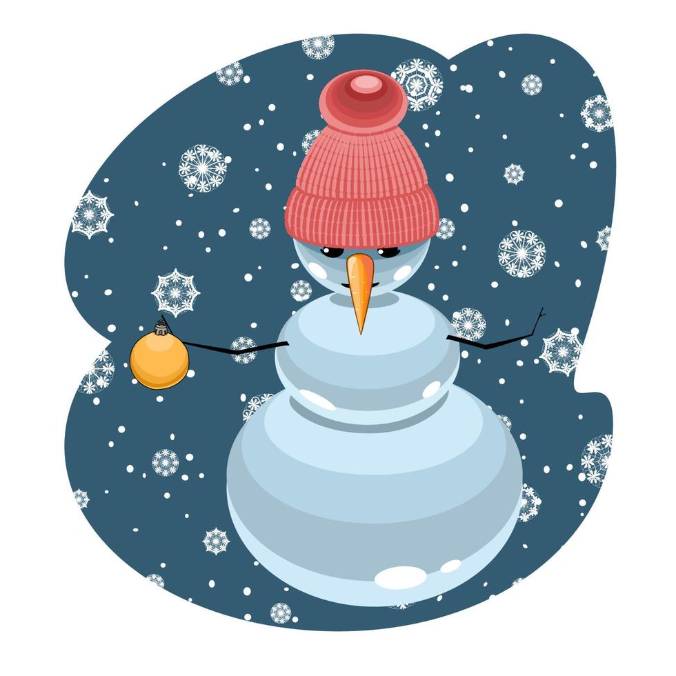 schneemann in einer strickmütze, die eine weihnachtskugelvektorillustration hält vektor