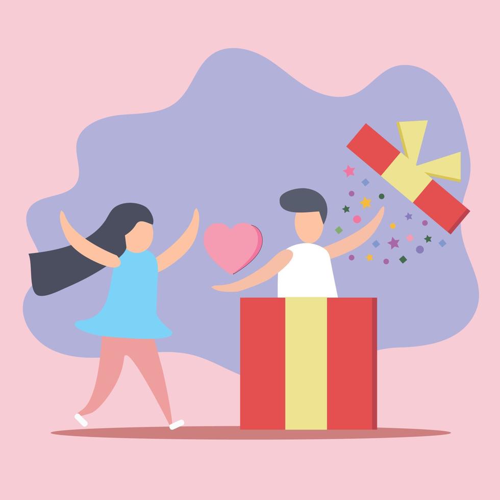 freudiges schönes paar öffnet und sendet geschenkbox im valentinstag- und weihnachtstagsbanner. dekoration für liebesdesign für rosa hintergrund des valentinstagfestivals. Vektor-Illustration Papierkunststil. vektor