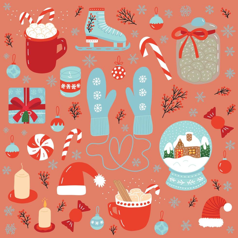 jul uppsättning med vinter- klistermärken. platt vektor jul objekt uppsättning. snöig vantar, retro is skridskor, varm choklad kopp med marshmallows, ljus, snö boll, santa hattar och ingefära småkakor