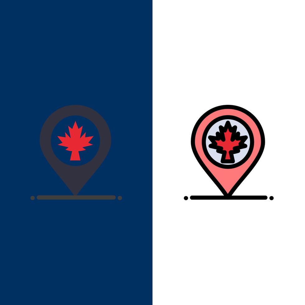 Karta plats kanada blad ikoner platt och linje fylld ikon uppsättning vektor blå bakgrund