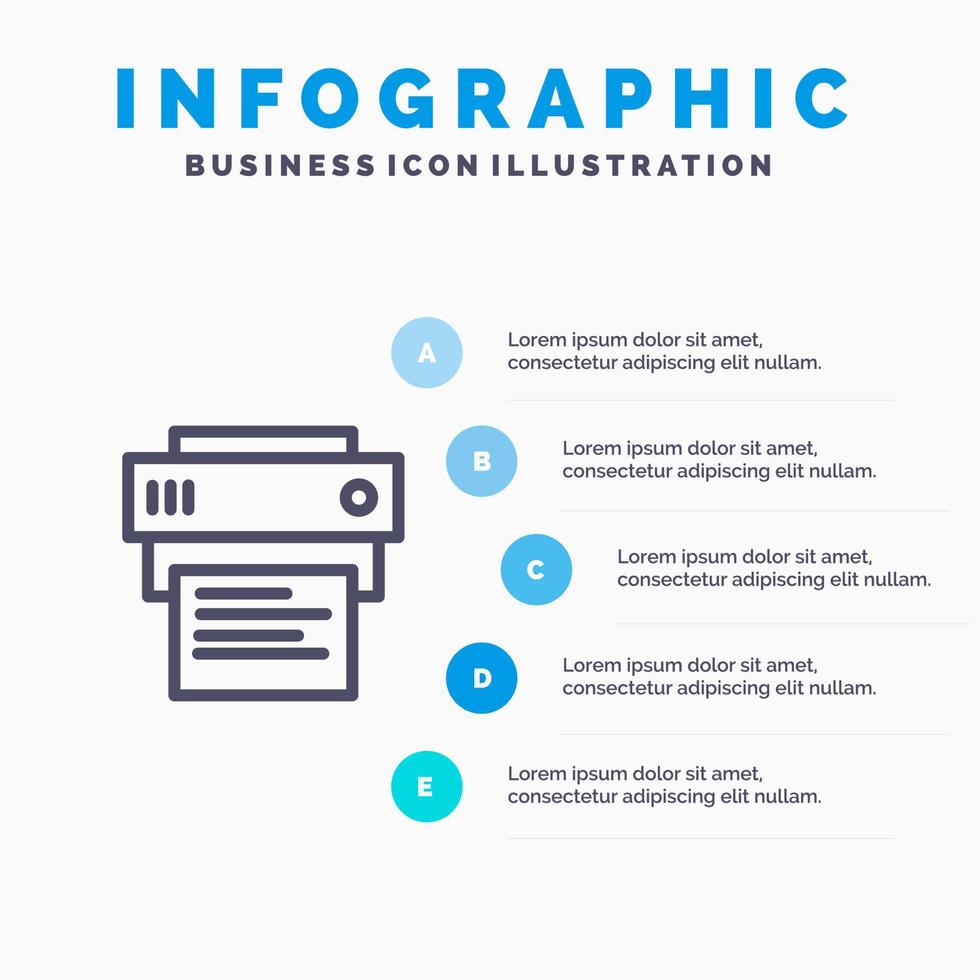 skrivare skriva ut utskrift utbildning blå infographics mall 5 steg vektor linje ikon mall