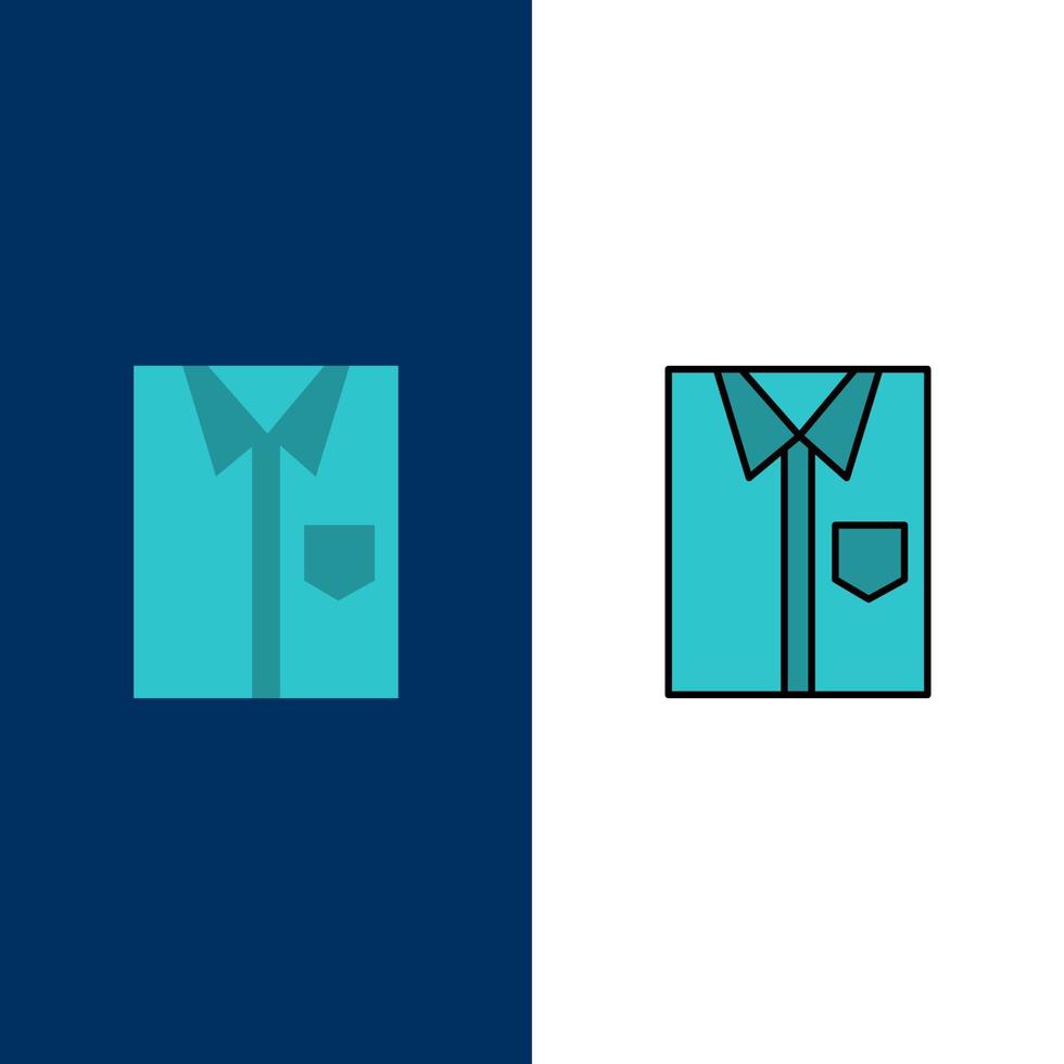 Hemd Tuch Kleidung Kleid Mode formelle Kleidung Symbole flach und Linie gefüllt Symbolsatz Vektor blauen Hintergrund