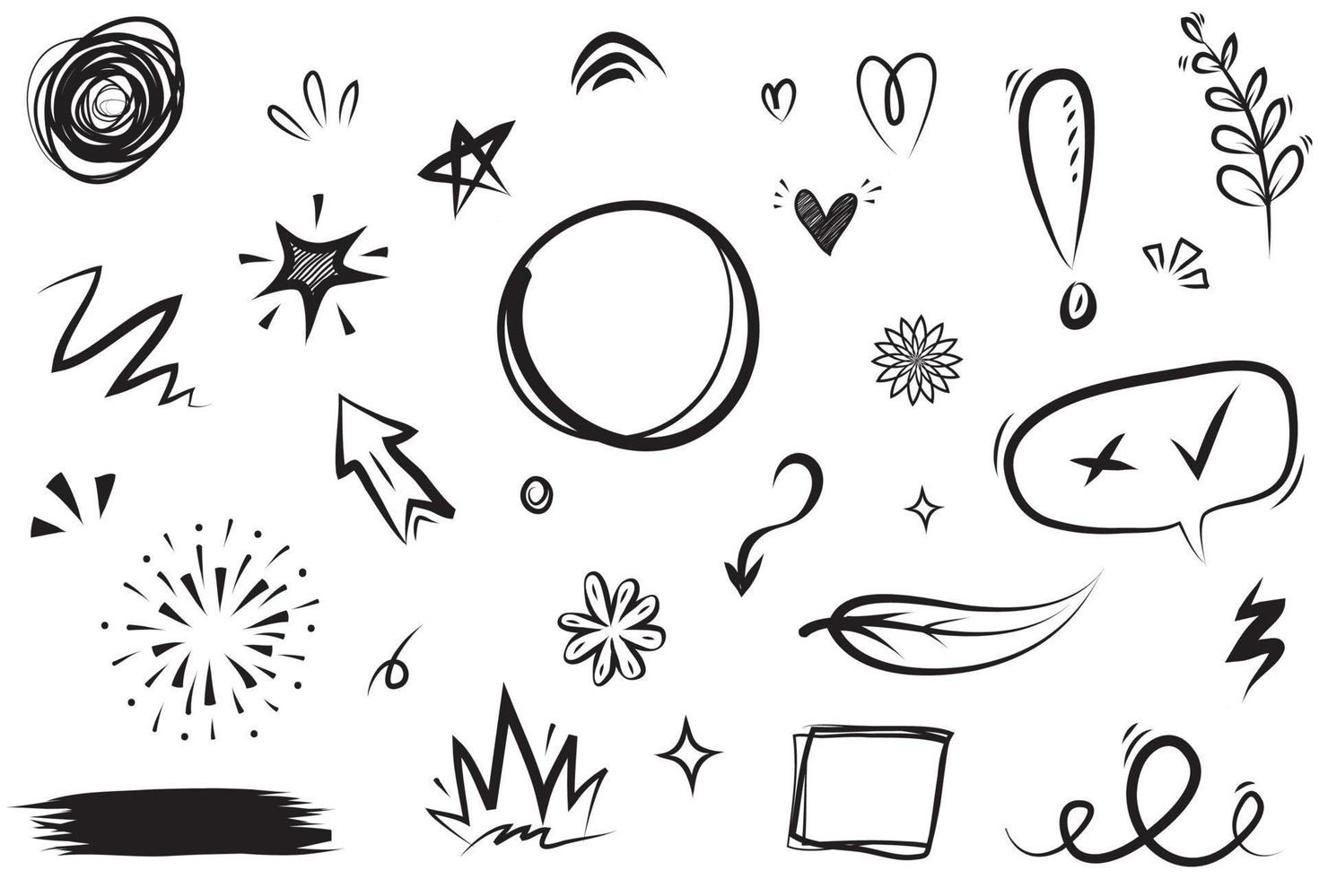 abstrakte pfeile, bänder, feuerwerk, herzen, blitze, liebe, blätter, sterne, kegel, kronen und andere elemente in einem handgezeichneten stil für konzeptdesigns. Scribble-Illustration. vektor