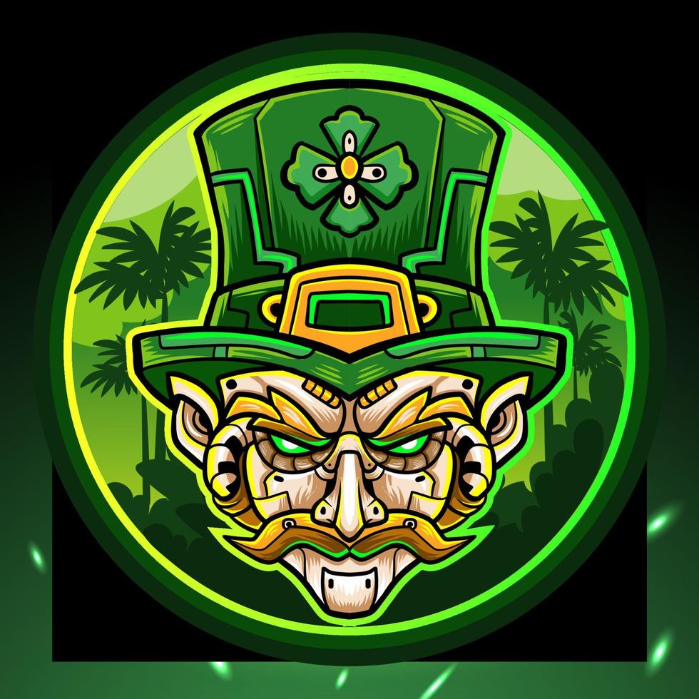 st. Patricks-Tag. leprechaun kopf mecha maskottchen esport logo design. vektor
