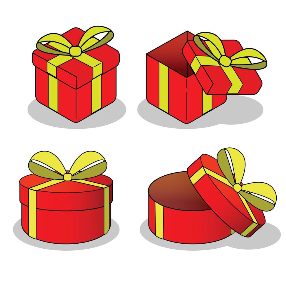 3D-Geschenkbox geöffnet und geschlossen Geschenkbox Rechteck und Kreisform rot gefärbt mit gelbem Band. geschenk für weihnachten, cartoon-stil vektor