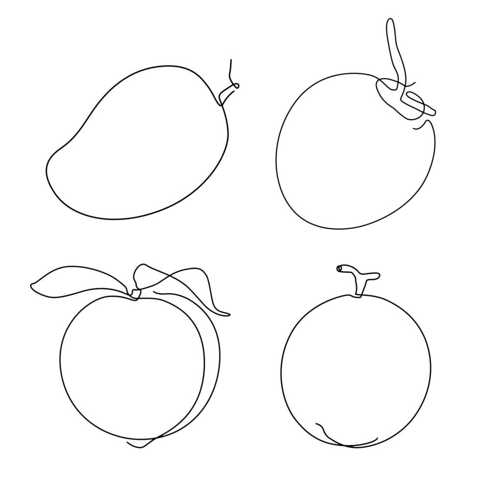 linje konst och kontinuerlig teckning frukt symbol element för logotyp och tryckbar design mango kokos persika och melon vektor