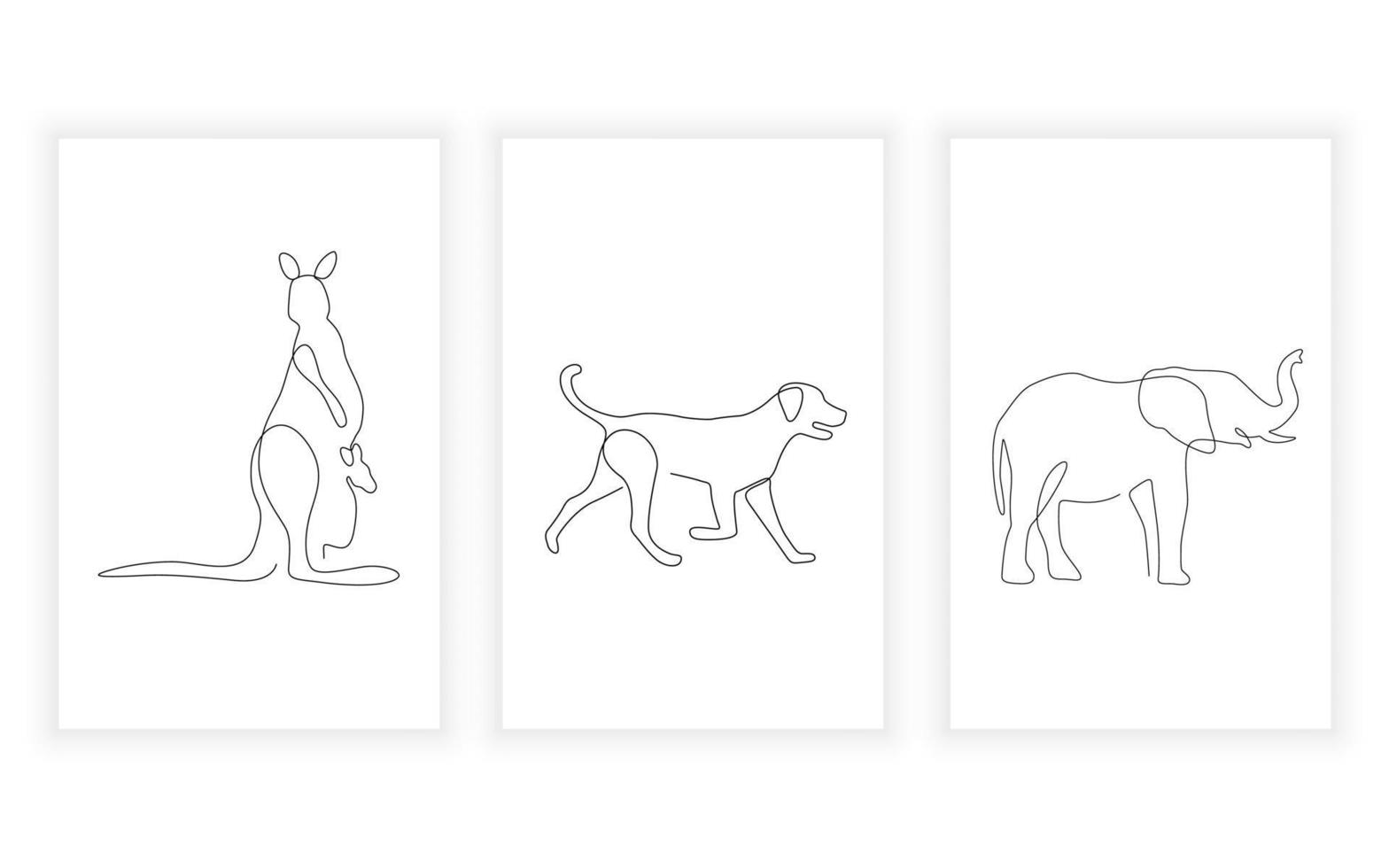 uppsättning av djur- enda linje konst , kontinuerlig linje. för logotyp design och skrivbar känguru hund och elefant vektor