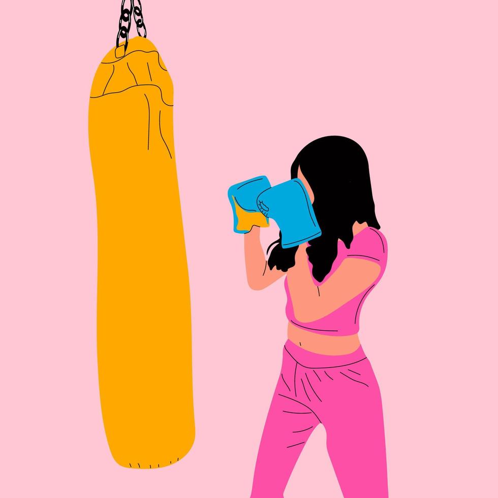 kvinna i boxning handskar Framställ på stansning väska i sportkläder. flicka kraft begrepp. tecknad serie vektor illustration