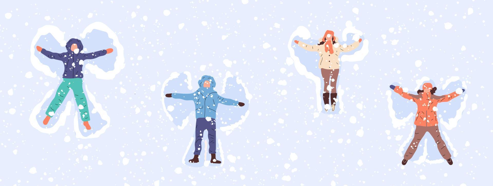 stellen Sie glückliche Leute ein, die Schneeengel machen. Vektor im Cartoon-Stil. alle Elemente sind isoliert