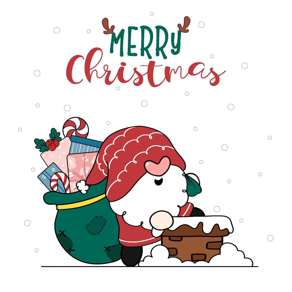 sött lyckligt leende tomtetomten bär en påse med presenter som går in i en husskorsten, god jul, tecknad doodle handritad platt vektor