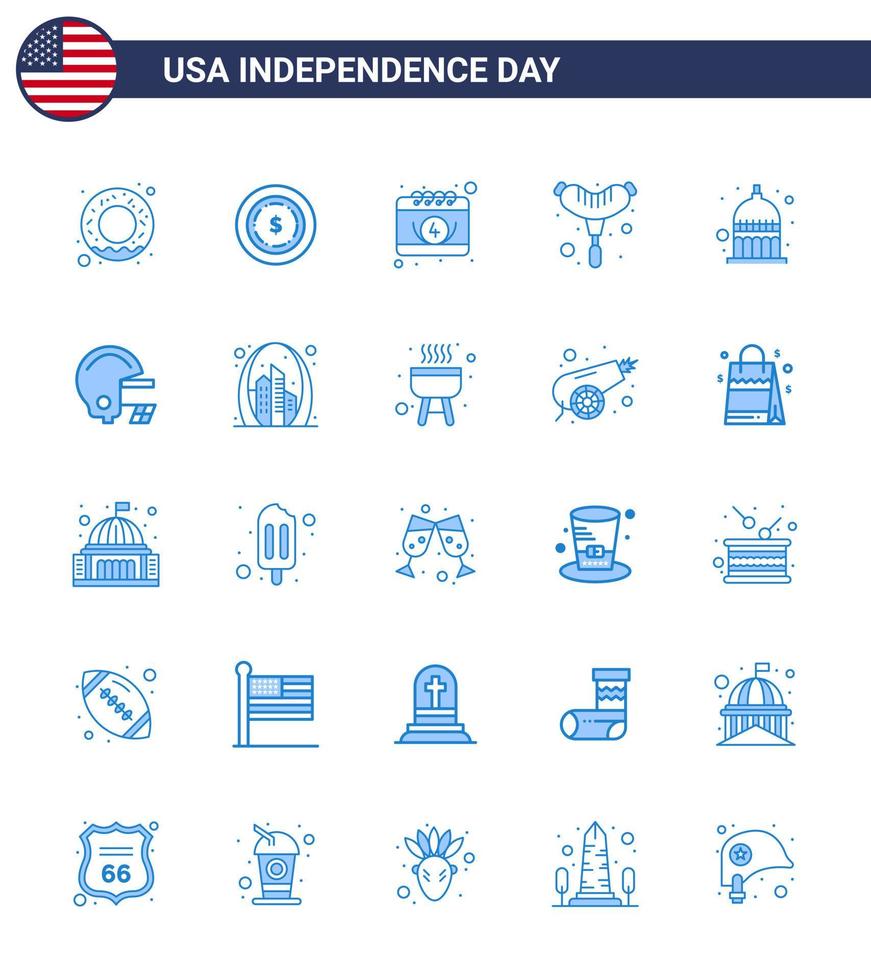 Aktienvektor-Icon-Pack mit amerikanischen Tag 25 blauen Zeichen und Symbolen für das amerikanische Statehouse-Datum Indianapolis-Wurst editierbare usa-Tag-Vektordesign-Elemente vektor