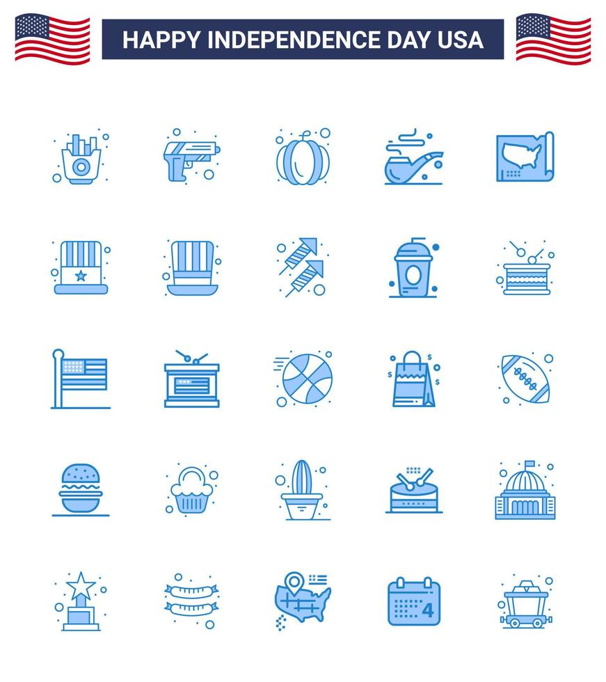 Lycklig oberoende dag 4:e juli uppsättning av 25 blues amerikan pictograph av USA stater amerikan Karta rök redigerbar USA dag vektor design element