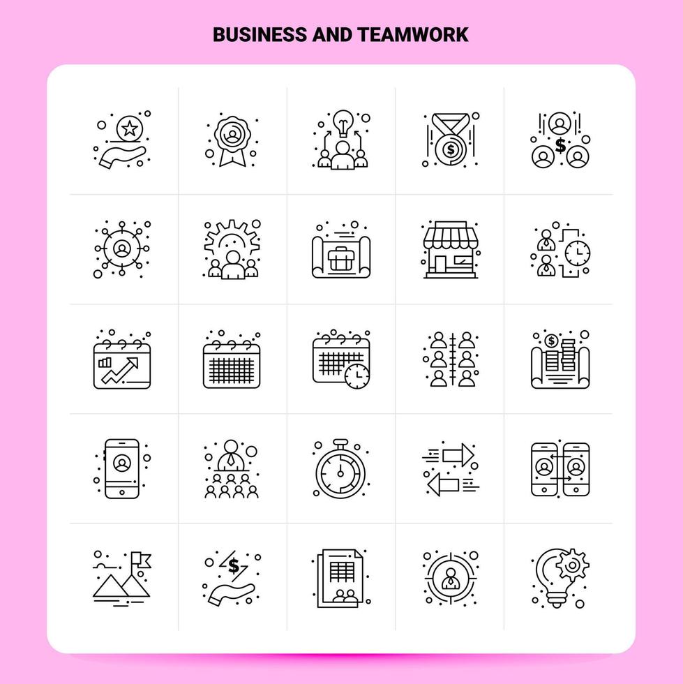 Umriss 25 Business- und Teamwork-Icon-Set-Vektor-Linienstil-Design Schwarze Symbole setzen lineare Piktogrammpaket-Web- und Mobile-Business-Ideen-Design-Vektorillustration vektor