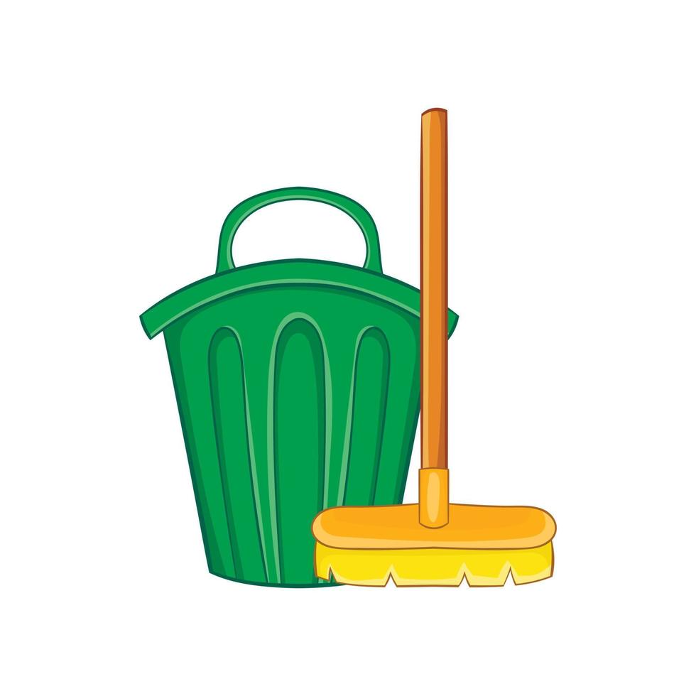 Reinigungsbesen und Mülleimer-Symbol, Cartoon-Stil vektor