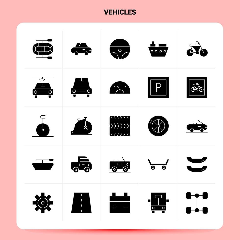 solide 25 Fahrzeuge Icon Set Vektor Glyphe Stil Design schwarze Icons Set Web und mobile Geschäftsideen Design Vektor Illustration