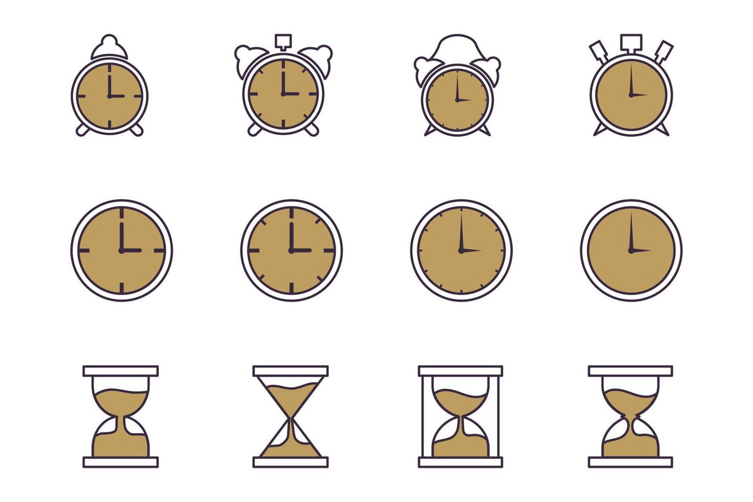tid och klocka vektor. uppsättning av klocka, larm klocka, och timglas i två tona stil vektor