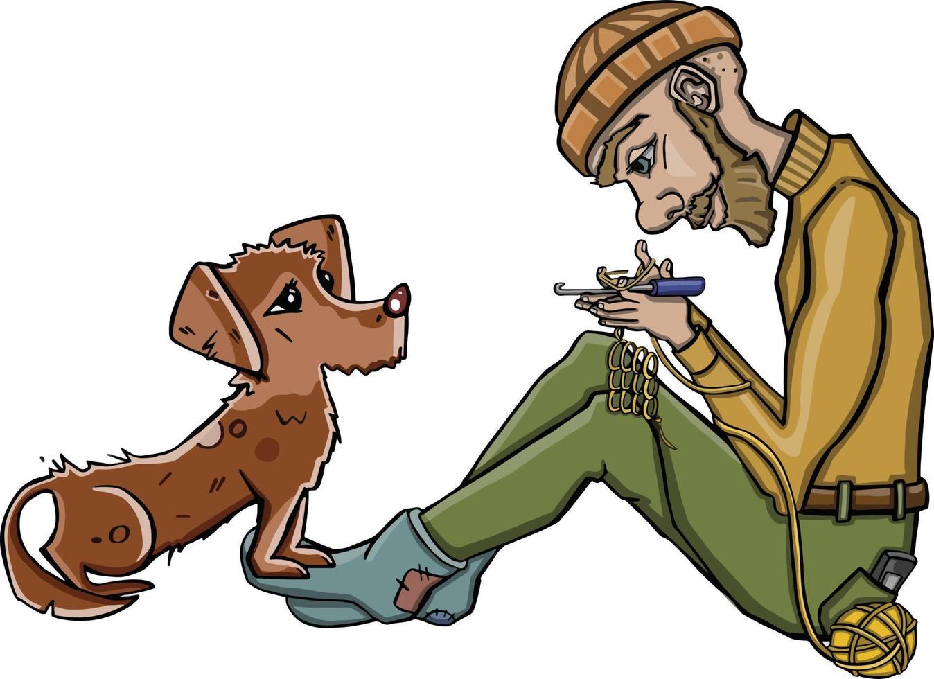 herre stickning på de matta med en hund. vektor illustration