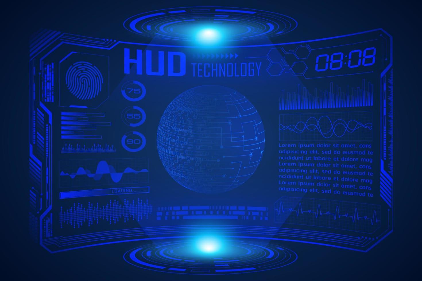 blauer moderner hud-technologie-bildschirmhintergrund mit weltkarte vektor