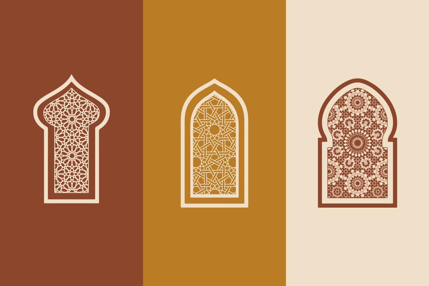 islamic arab orientalisk stil fönster, dörrar, och valv affisch uppsättning mitten århundrade vektor bild. marockansk samtida abstrakt geometrisk.