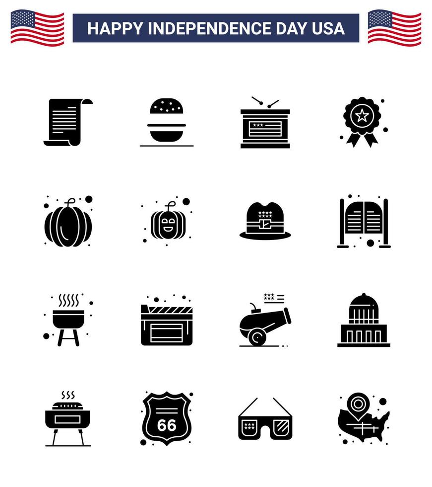 4:e juli USA Lycklig oberoende dag ikon symboler grupp av 16 modern fast glyfer av pumpa medalj trumma oberoende dag Semester redigerbar USA dag vektor design element