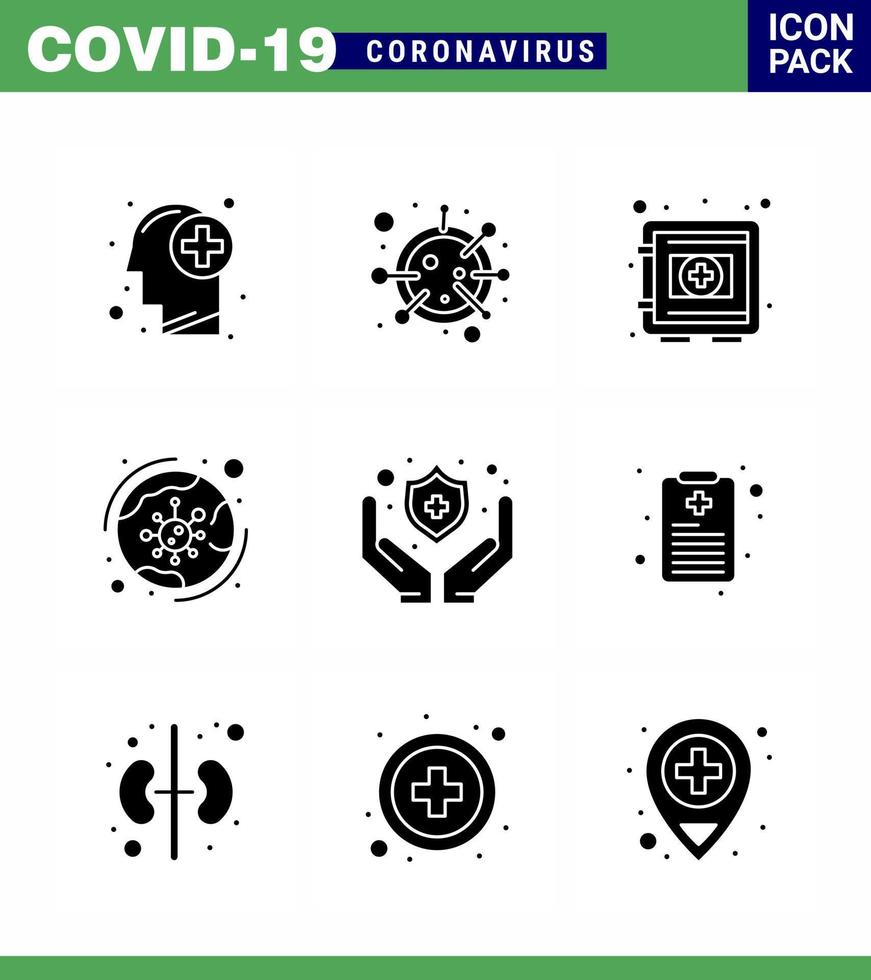 9 Solid Glyph Black Virus Corona Icon Pack wie Covid-Virus-Mikroorganismus weltweit sichere virale Coronavirus 2019nov-Krankheitsvektor-Designelemente vektor